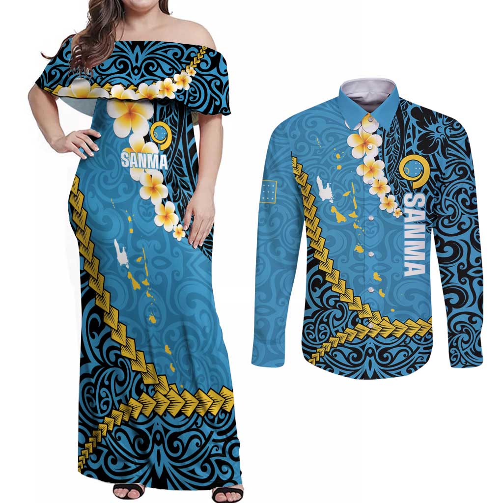 Sanma Province Couples Matching Off Shoulder Maxi Dress and Long Sleeve Button Shirt Vanuatu Pattern Myna Bird - Plumeria Flag Color