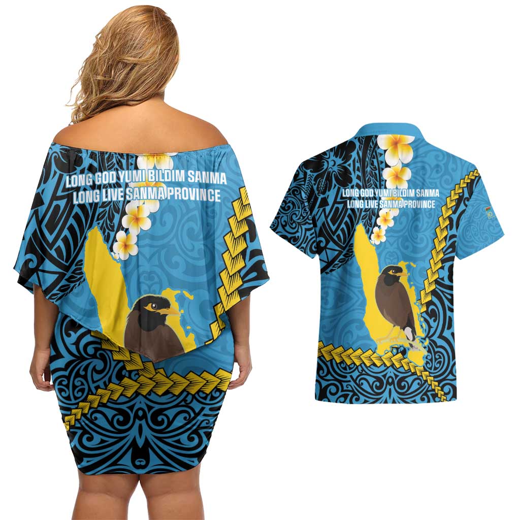 Sanma Province Couples Matching Off Shoulder Short Dress and Hawaiian Shirt Vanuatu Pattern Myna Bird - Plumeria Flag Color