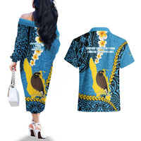 Sanma Province Couples Matching Off The Shoulder Long Sleeve Dress and Hawaiian Shirt Vanuatu Pattern Myna Bird - Plumeria Flag Color
