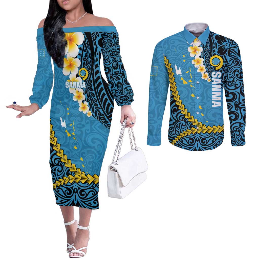 Sanma Province Couples Matching Off The Shoulder Long Sleeve Dress and Long Sleeve Button Shirt Vanuatu Pattern Myna Bird - Plumeria Flag Color