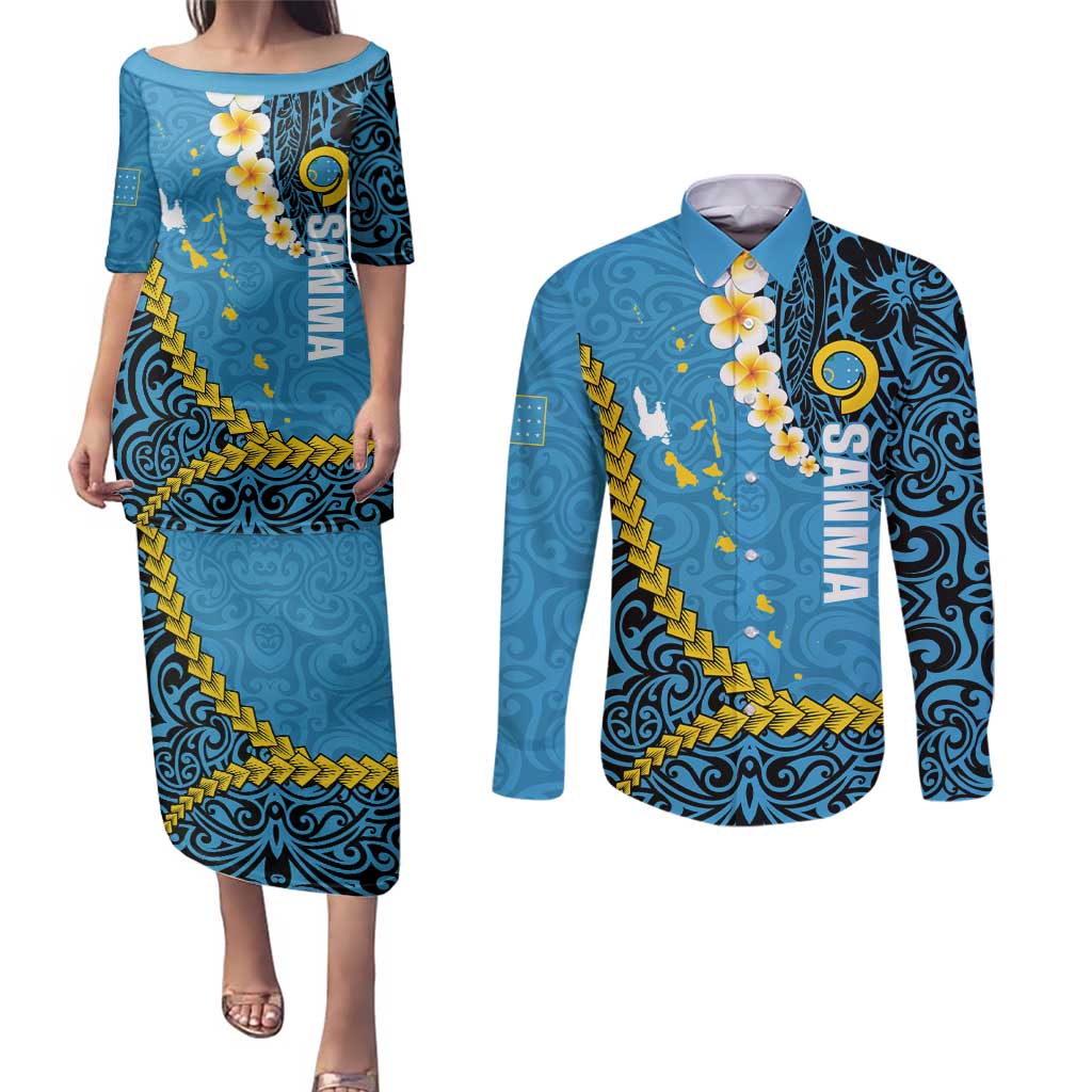 Sanma Province Couples Matching Puletasi and Long Sleeve Button Shirt Vanuatu Pattern Myna Bird - Plumeria Flag Color