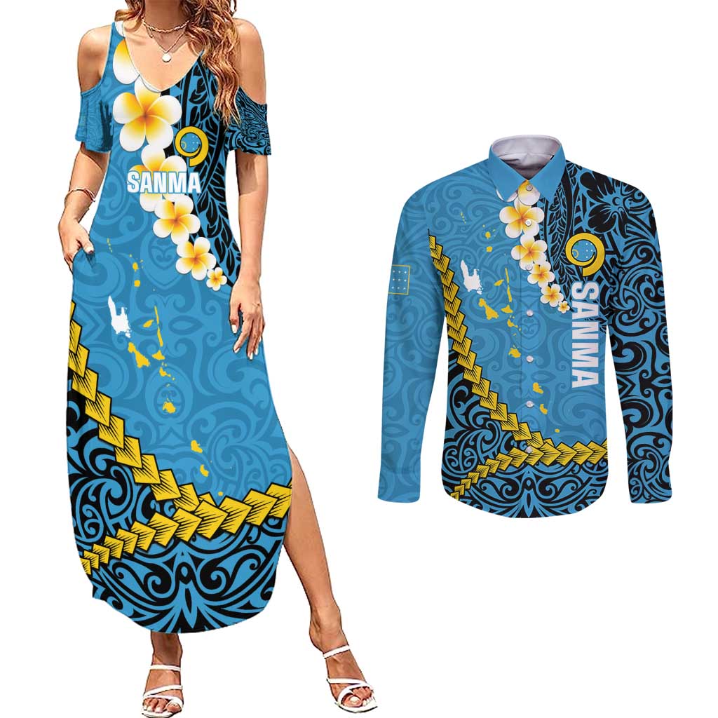 Sanma Province Couples Matching Summer Maxi Dress and Long Sleeve Button Shirt Vanuatu Pattern Myna Bird - Plumeria Flag Color