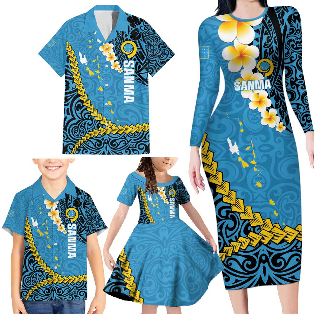 Sanma Province Family Matching Long Sleeve Bodycon Dress and Hawaiian Shirt Vanuatu Pattern Myna Bird - Plumeria Flag Color LT14 - Polynesian Pride