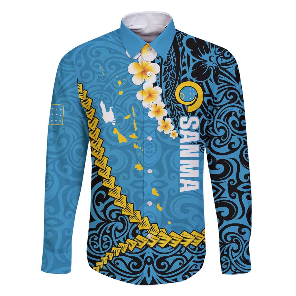 Sanma Province Family Matching Long Sleeve Bodycon Dress and Hawaiian Shirt Vanuatu Pattern Myna Bird - Plumeria Flag Color LT14 Dad's Shirt - Long Sleeve Blue - Polynesian Pride
