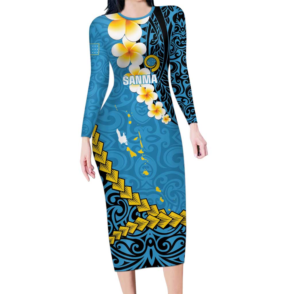 Sanma Province Family Matching Long Sleeve Bodycon Dress and Hawaiian Shirt Vanuatu Pattern Myna Bird - Plumeria Flag Color LT14 Mom's Dress Blue - Polynesian Pride