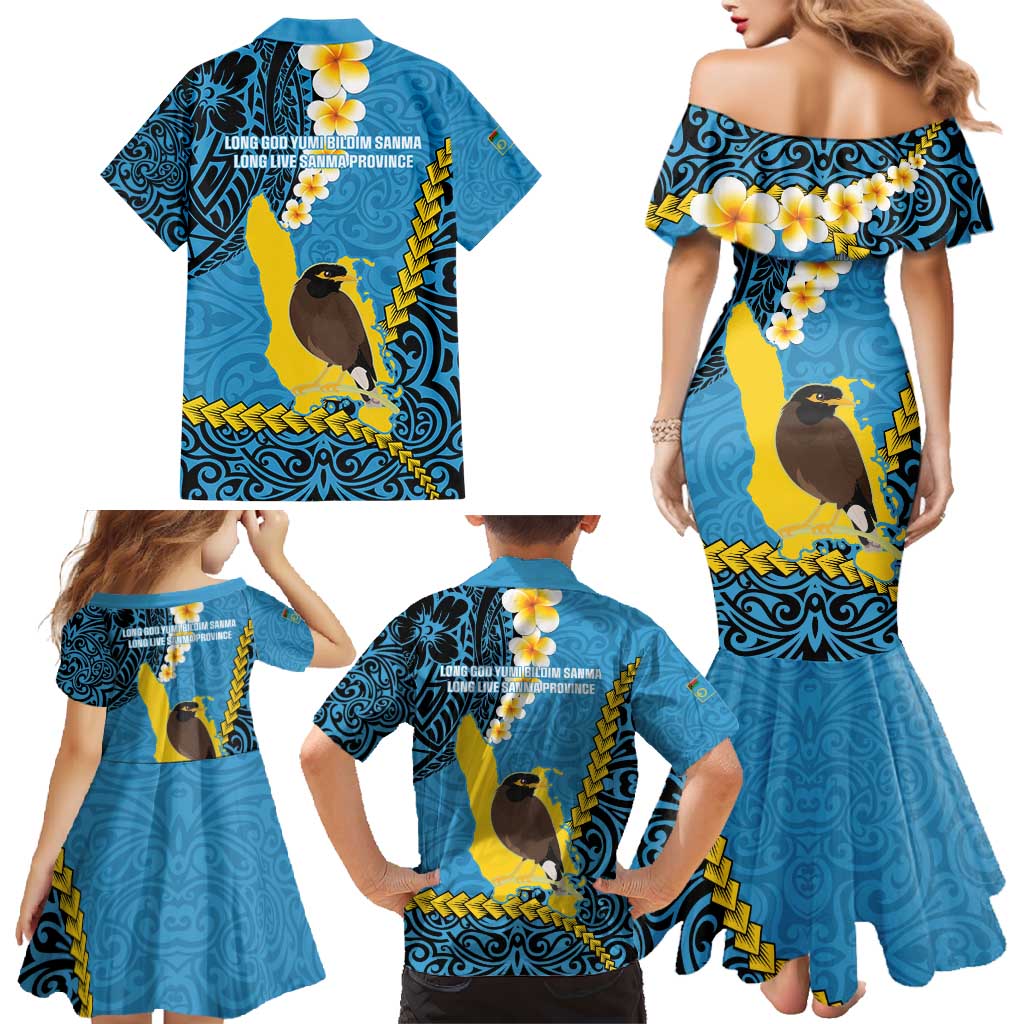 Sanma Province Family Matching Mermaid Dress and Hawaiian Shirt Vanuatu Pattern Myna Bird - Plumeria Flag Color LT14 - Polynesian Pride