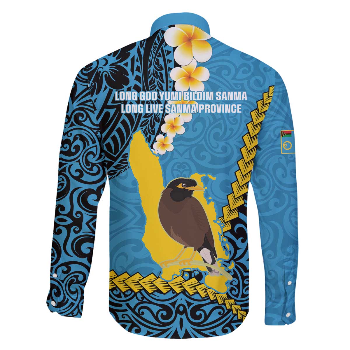 Sanma Province Family Matching Off The Shoulder Long Sleeve Dress and Hawaiian Shirt Vanuatu Pattern Myna Bird - Plumeria Flag Color