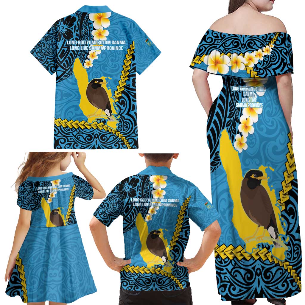 Sanma Province Family Matching Off Shoulder Maxi Dress and Hawaiian Shirt Vanuatu Pattern Myna Bird - Plumeria Flag Color LT14 - Polynesian Pride