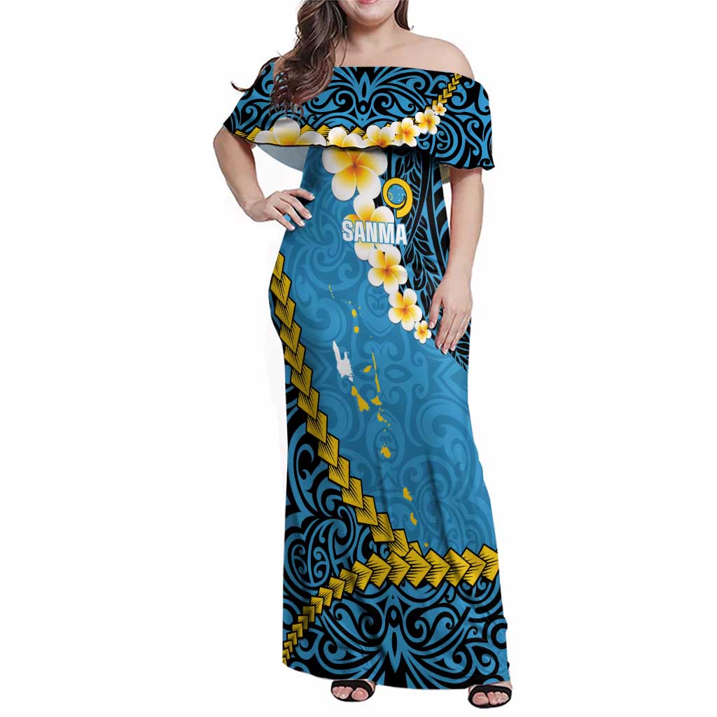 Sanma Province Family Matching Off Shoulder Maxi Dress and Hawaiian Shirt Vanuatu Pattern Myna Bird - Plumeria Flag Color LT14 Mom's Dress Blue - Polynesian Pride