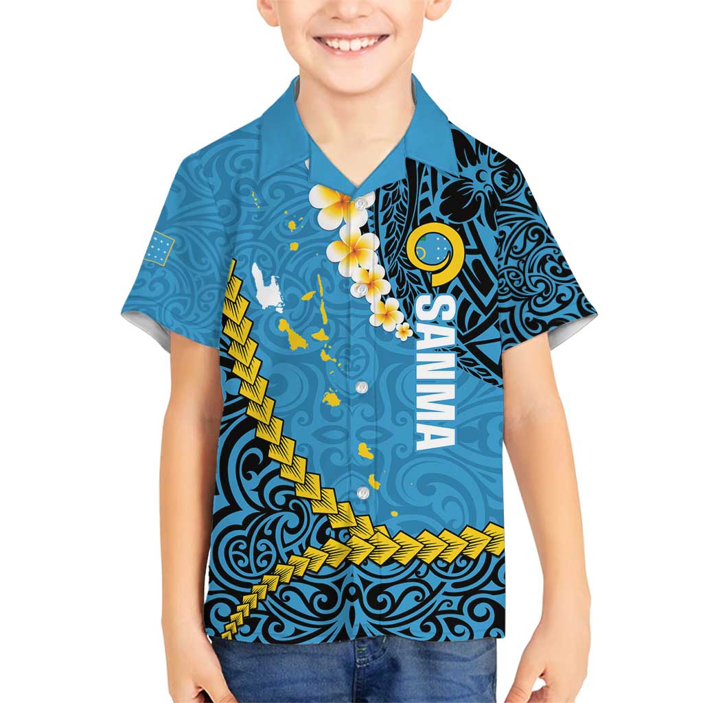 Sanma Province Family Matching Off Shoulder Maxi Dress and Hawaiian Shirt Vanuatu Pattern Myna Bird - Plumeria Flag Color LT14 Son's Shirt Blue - Polynesian Pride