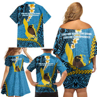 Sanma Province Family Matching Off Shoulder Short Dress and Hawaiian Shirt Vanuatu Pattern Myna Bird - Plumeria Flag Color LT14 - Polynesian Pride