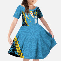 Sanma Province Family Matching Puletasi and Hawaiian Shirt Vanuatu Pattern Myna Bird - Plumeria Flag Color LT14 Daughter's Dress Blue - Polynesian Pride