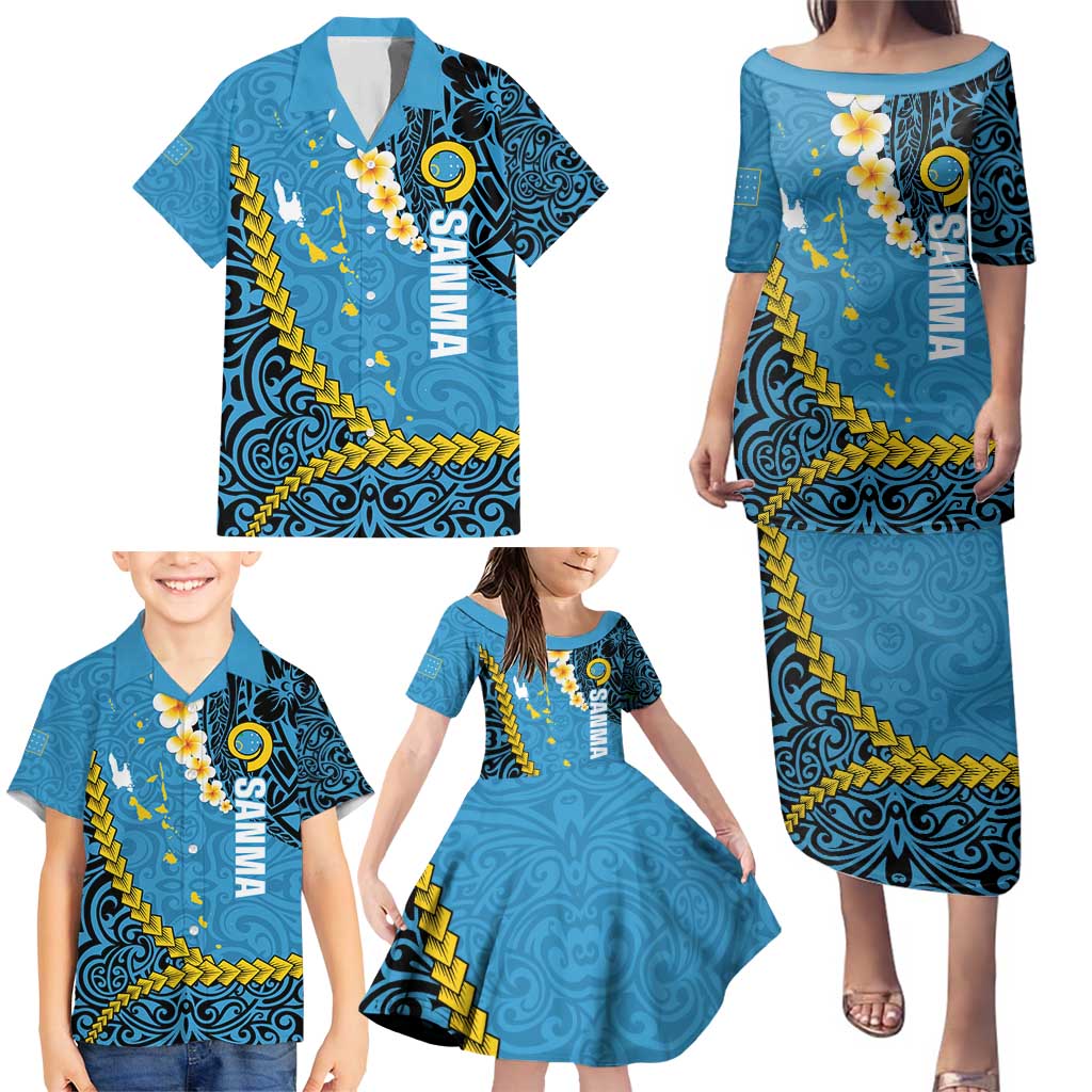 Sanma Province Family Matching Puletasi and Hawaiian Shirt Vanuatu Pattern Myna Bird - Plumeria Flag Color LT14 - Polynesian Pride
