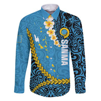 Sanma Province Family Matching Puletasi and Hawaiian Shirt Vanuatu Pattern Myna Bird - Plumeria Flag Color LT14 Dad's Shirt - Long Sleeve Blue - Polynesian Pride