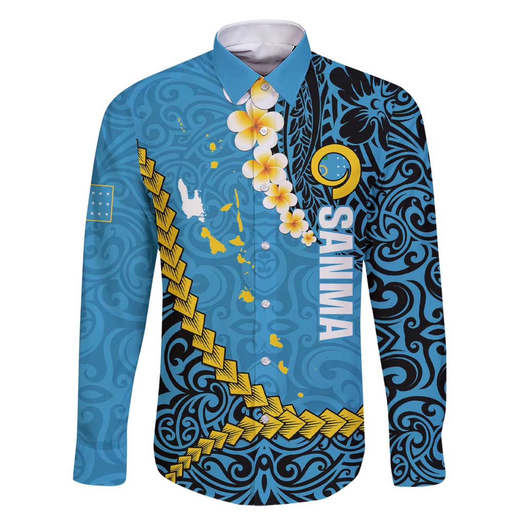 Sanma Province Family Matching Short Sleeve Bodycon Dress and Hawaiian Shirt Vanuatu Pattern Myna Bird - Plumeria Flag Color LT14 Dad's Shirt - Long Sleeve Blue - Polynesian Pride
