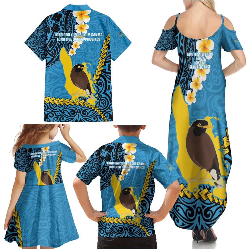 Sanma Province Family Matching Summer Maxi Dress and Hawaiian Shirt Vanuatu Pattern Myna Bird - Plumeria Flag Color LT14 - Polynesian Pride