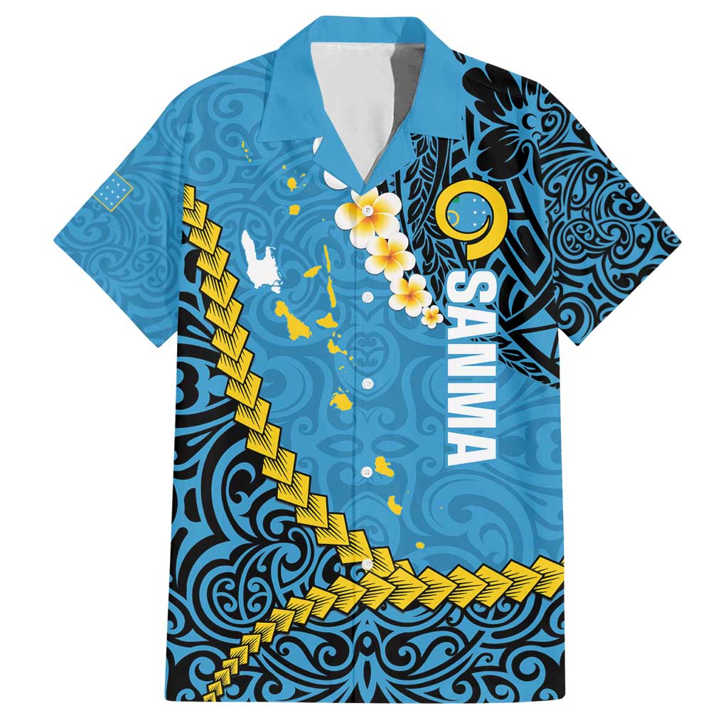 Sanma Province Family Matching Summer Maxi Dress and Hawaiian Shirt Vanuatu Pattern Myna Bird - Plumeria Flag Color LT14 Dad's Shirt - Short Sleeve Blue - Polynesian Pride