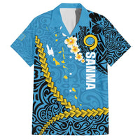 Sanma Province Family Matching Summer Maxi Dress and Hawaiian Shirt Vanuatu Pattern Myna Bird - Plumeria Flag Color LT14 Dad's Shirt - Short Sleeve Blue - Polynesian Pride