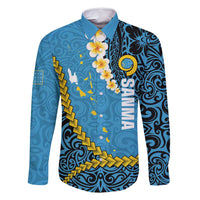 Sanma Province Family Matching Tank Maxi Dress and Hawaiian Shirt Vanuatu Pattern Myna Bird - Plumeria Flag Color LT14 Dad's Shirt - Long Sleeve Blue - Polynesian Pride