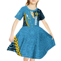 Sanma Province Kid Short Sleeve Dress Vanuatu Pattern Myna Bird - Plumeria Flag Color LT14 - Polynesian Pride
