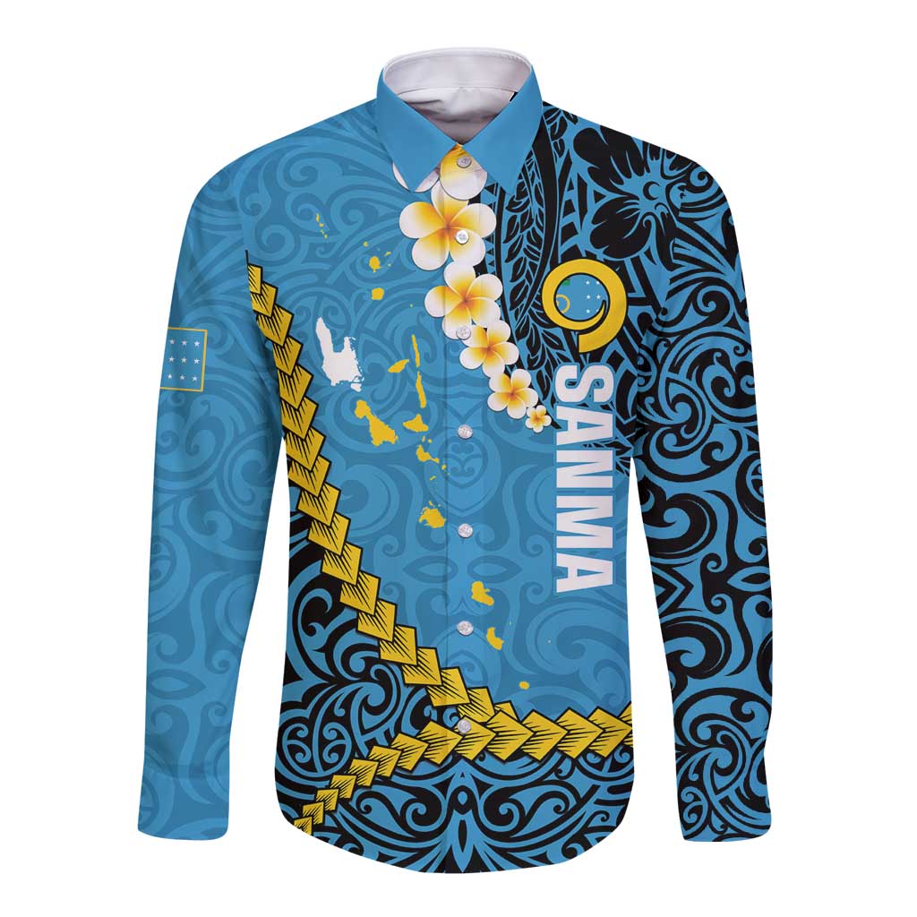 Sanma Province Long Sleeve Button Shirt Vanuatu Pattern Myna Bird - Plumeria Flag Color LT14 Unisex Blue - Polynesian Pride