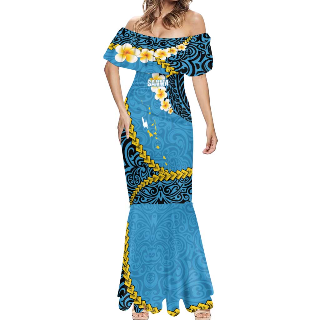 Sanma Province Mermaid Dress Vanuatu Pattern Myna Bird - Plumeria Flag Color LT14 - Polynesian Pride