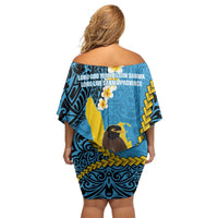 Sanma Province Off Shoulder Short Dress Vanuatu Pattern Myna Bird - Plumeria Flag Color