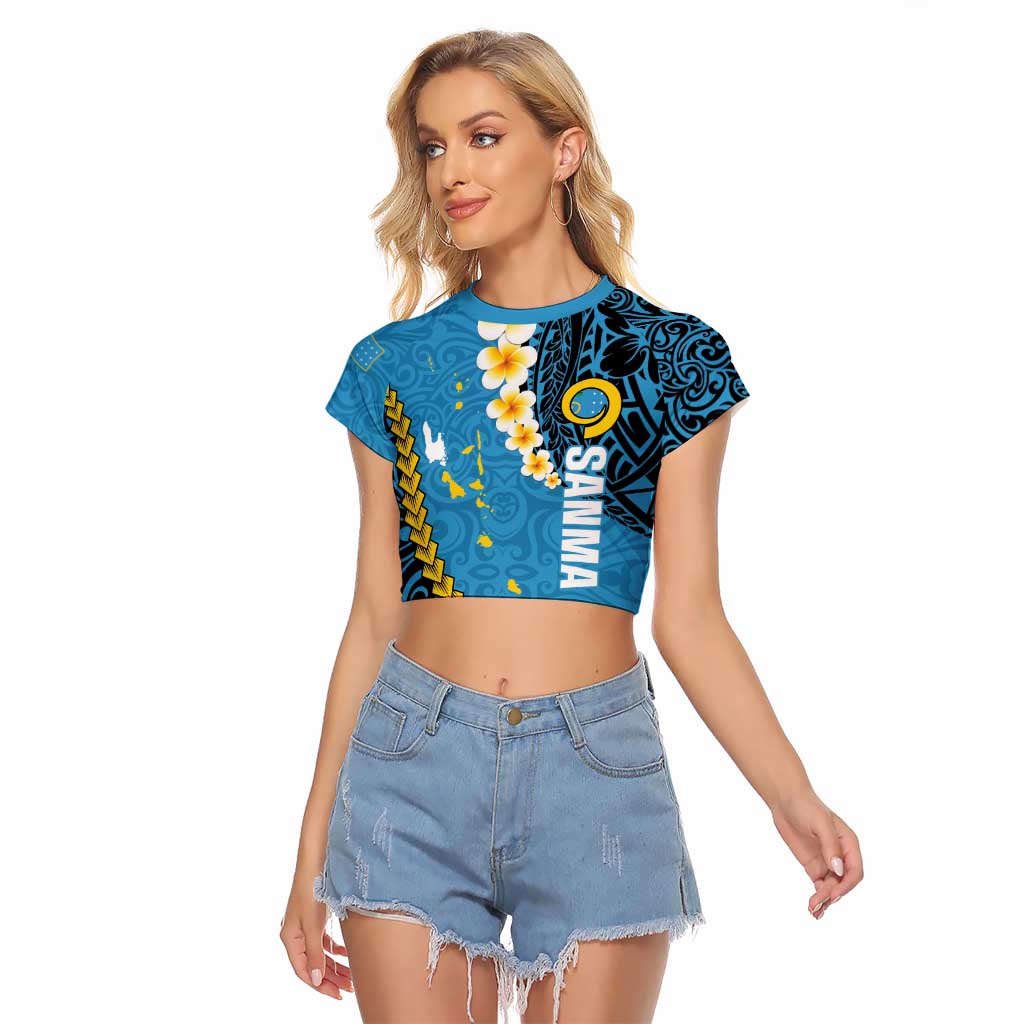 Sanma Province Raglan Cropped T Shirt Vanuatu Pattern Myna Bird - Plumeria Flag Color LT14 Female Blue - Polynesian Pride