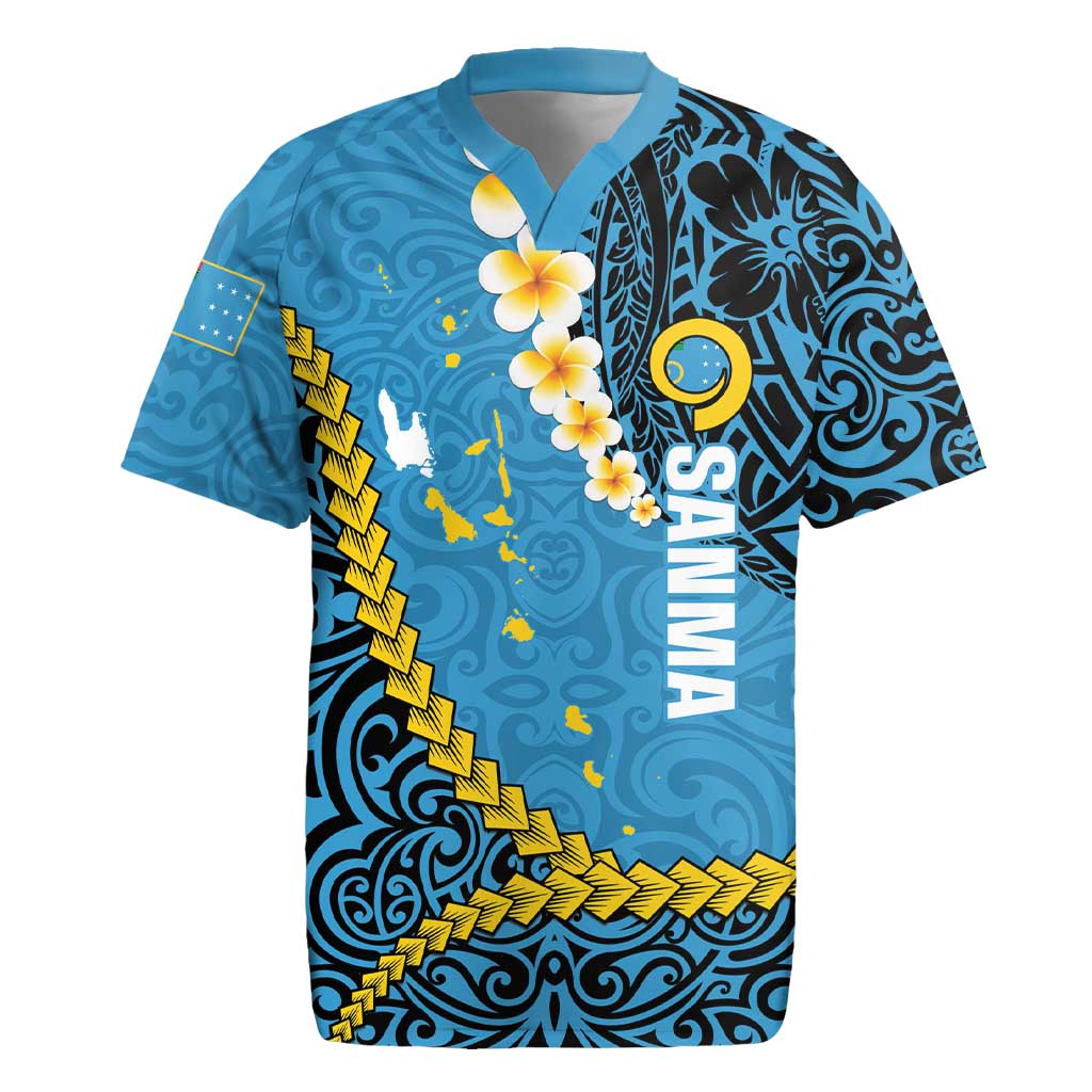 Sanma Province Rugby Jersey Vanuatu Pattern Myna Bird - Plumeria Flag Color