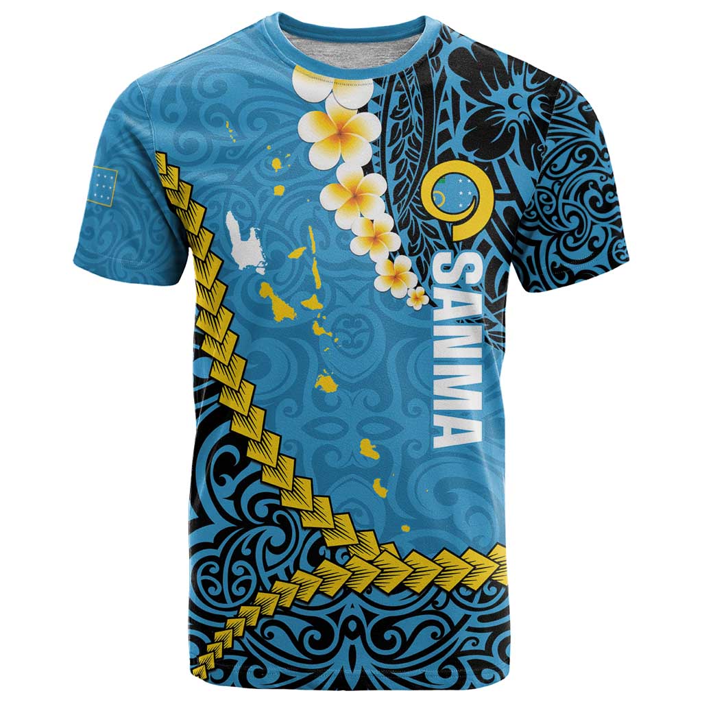 Sanma Province T Shirt Vanuatu Pattern Myna Bird - Plumeria Flag Color LT14 Blue - Polynesian Pride