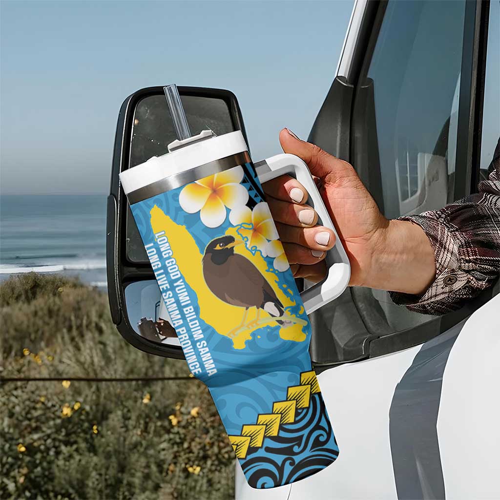 Sanma Province Tumbler With Handle Vanuatu Pattern Myna Bird With Plumeria Flag Color