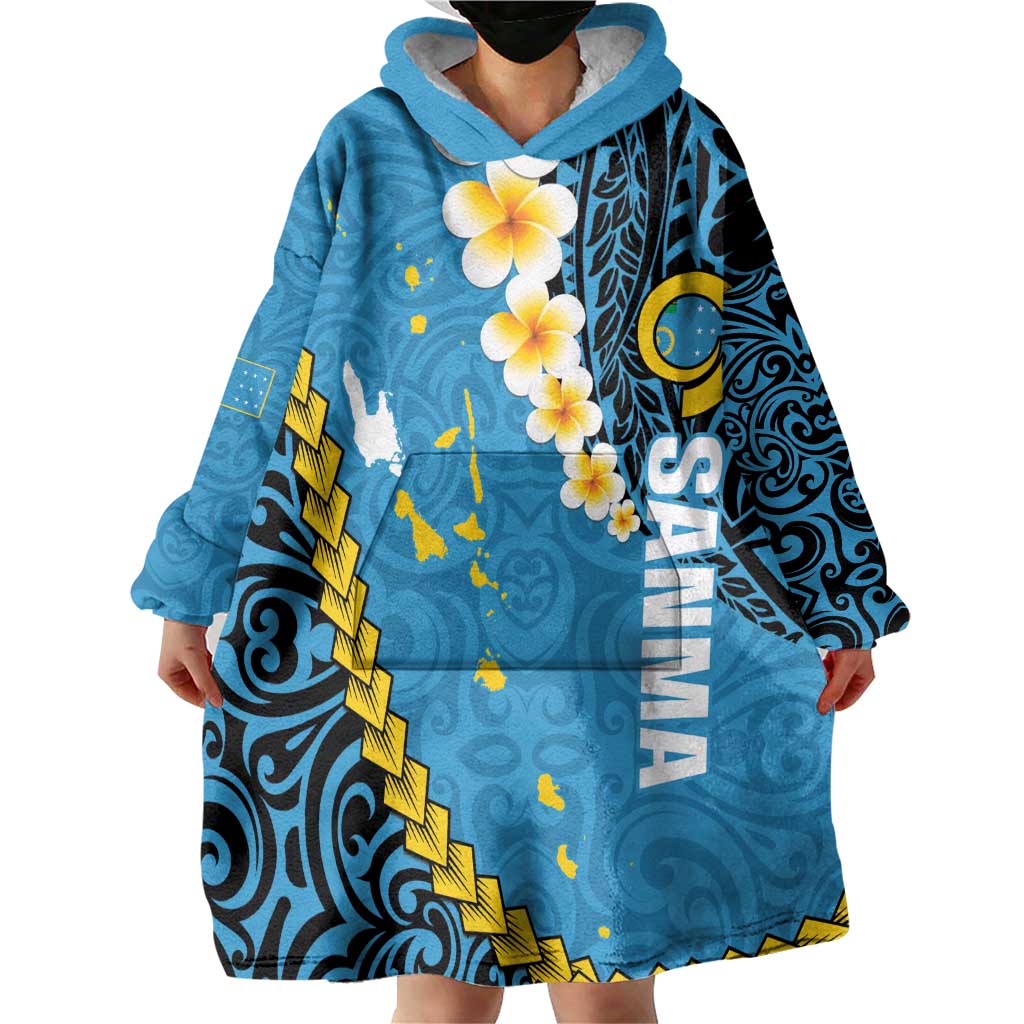 Sanma Province Wearable Blanket Hoodie Vanuatu Pattern Myna Bird - Plumeria Flag Color LT14 - Polynesian Pride