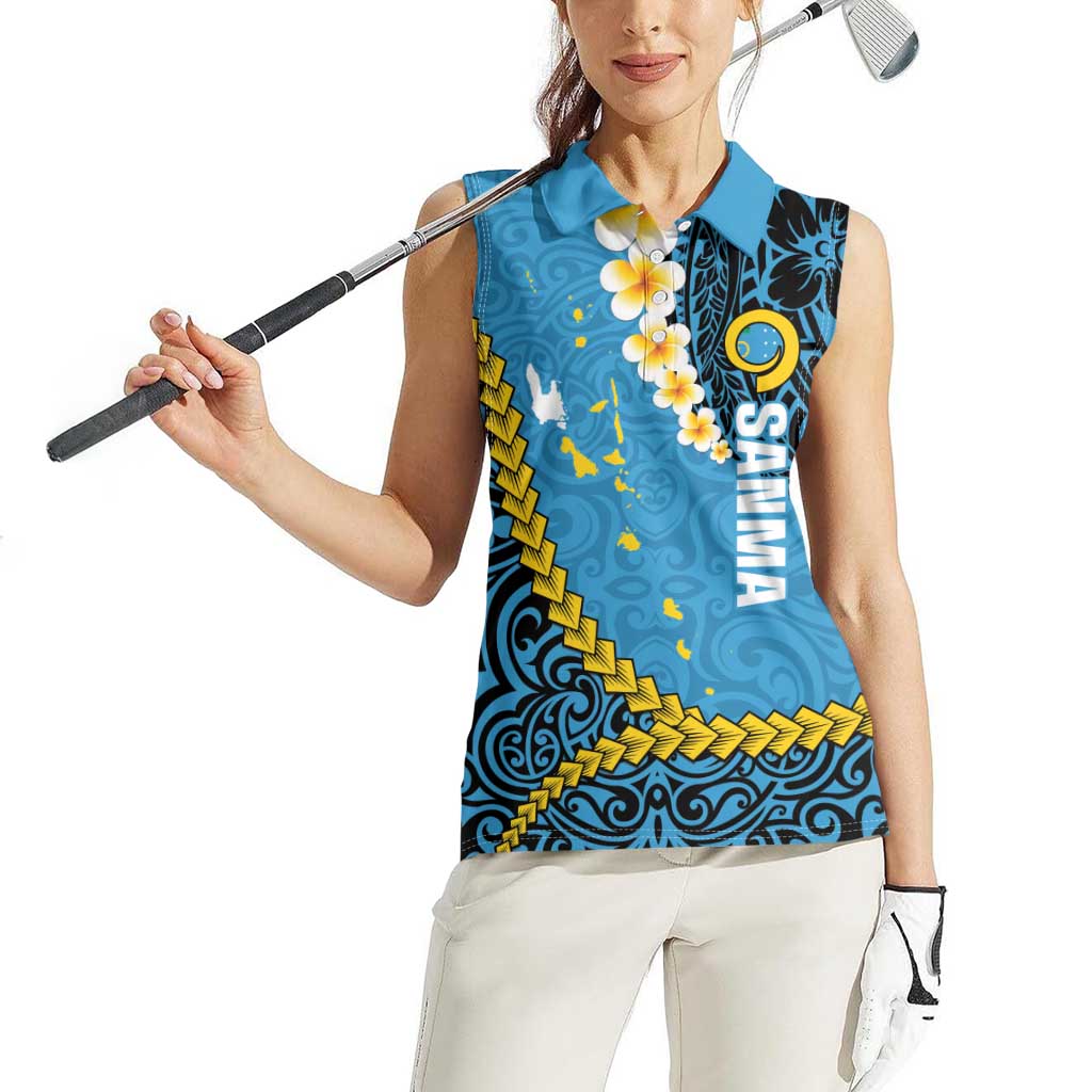 Sanma Province Women Sleeveless Polo Shirt Vanuatu Pattern Myna Bird - Plumeria Flag Color LT14 - Polynesian Pride