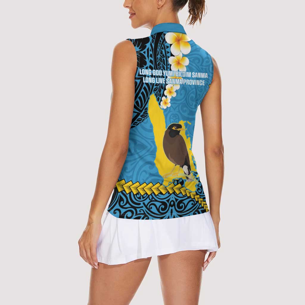 Sanma Province Women Sleeveless Polo Shirt Vanuatu Pattern Myna Bird - Plumeria Flag Color LT14 - Polynesian Pride