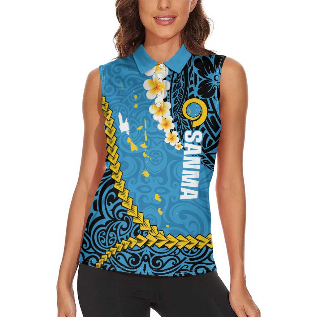Sanma Province Women Sleeveless Polo Shirt Vanuatu Pattern Myna Bird - Plumeria Flag Color LT14 - Polynesian Pride