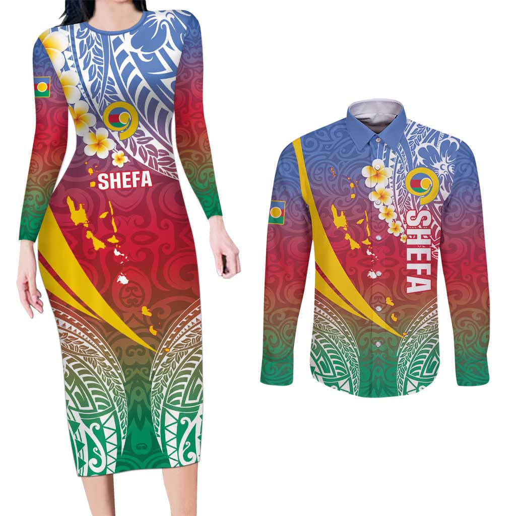 Shefa Province Couples Matching Long Sleeve Bodycon Dress and Long Sleeve Button Shirt Vanuatu Pattern Map - Plumeria Flag Color