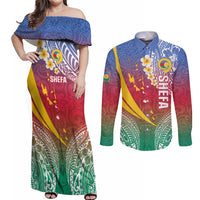 Shefa Province Couples Matching Off Shoulder Maxi Dress and Long Sleeve Button Shirt Vanuatu Pattern Map - Plumeria Flag Color