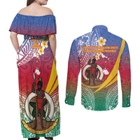 Shefa Province Couples Matching Off Shoulder Maxi Dress and Long Sleeve Button Shirt Vanuatu Pattern Map - Plumeria Flag Color