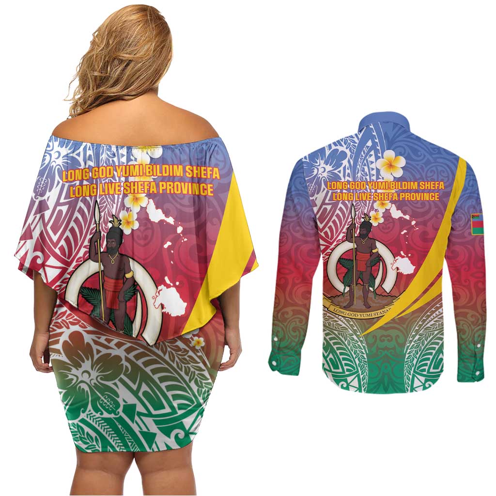 Shefa Province Couples Matching Off Shoulder Short Dress and Long Sleeve Button Shirt Vanuatu Pattern Map - Plumeria Flag Color