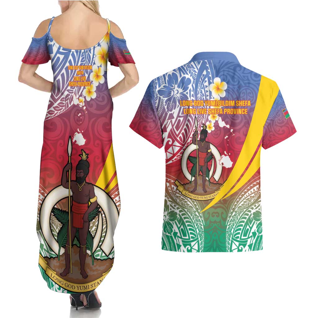 Shefa Province Couples Matching Summer Maxi Dress and Hawaiian Shirt Vanuatu Pattern Map - Plumeria Flag Color