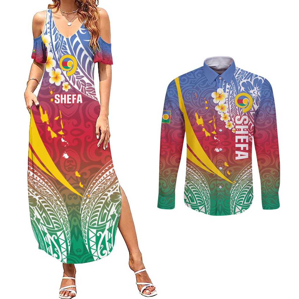 Shefa Province Couples Matching Summer Maxi Dress and Long Sleeve Button Shirt Vanuatu Pattern Map - Plumeria Flag Color