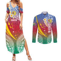 Shefa Province Couples Matching Summer Maxi Dress and Long Sleeve Button Shirt Vanuatu Pattern Map - Plumeria Flag Color