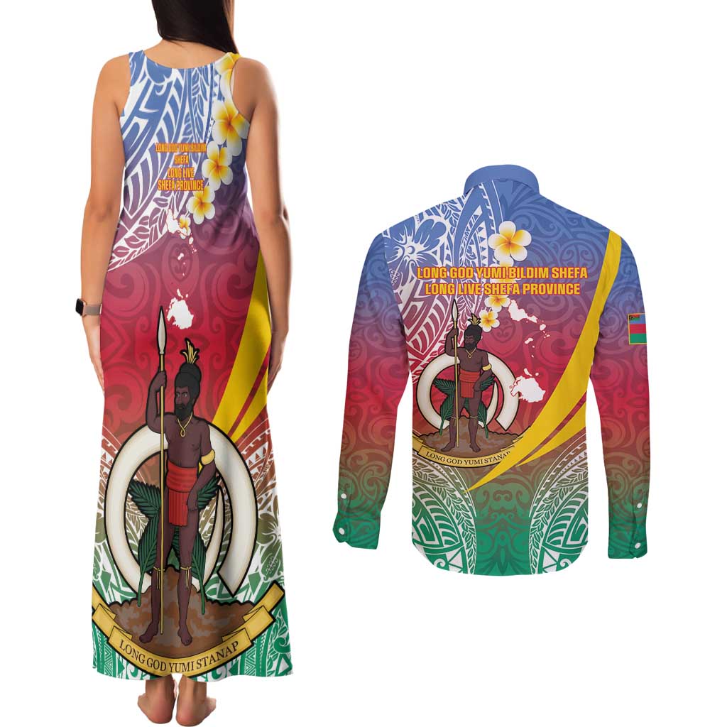 Shefa Province Couples Matching Tank Maxi Dress and Long Sleeve Button Shirt Vanuatu Pattern Map - Plumeria Flag Color