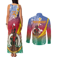 Shefa Province Couples Matching Tank Maxi Dress and Long Sleeve Button Shirt Vanuatu Pattern Map - Plumeria Flag Color