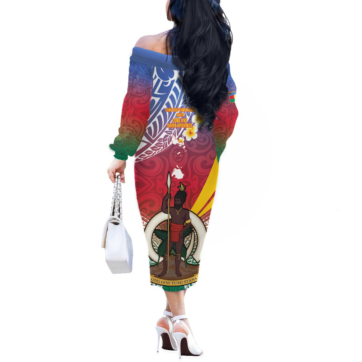 Shefa Province Off The Shoulder Long Sleeve Dress Vanuatu Pattern Map - Plumeria Flag Color