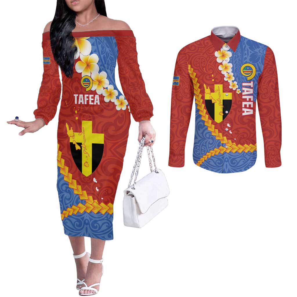 Tafea Province Couples Matching Off The Shoulder Long Sleeve Dress and Long Sleeve Button Shirt Vanuatu Pattern Map - Plumeria Flag Color