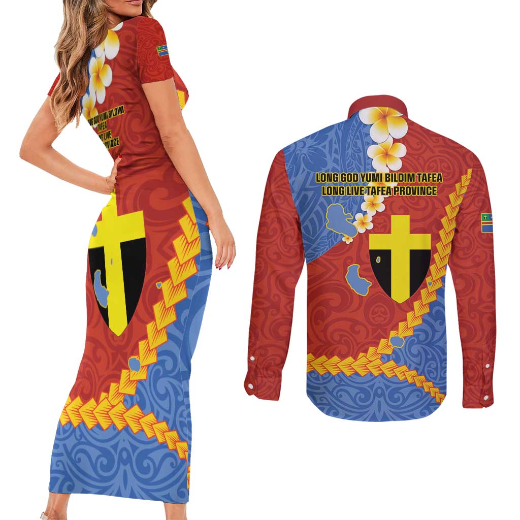 Tafea Province Couples Matching Short Sleeve Bodycon Dress and Long Sleeve Button Shirt Vanuatu Pattern Map - Plumeria Flag Color