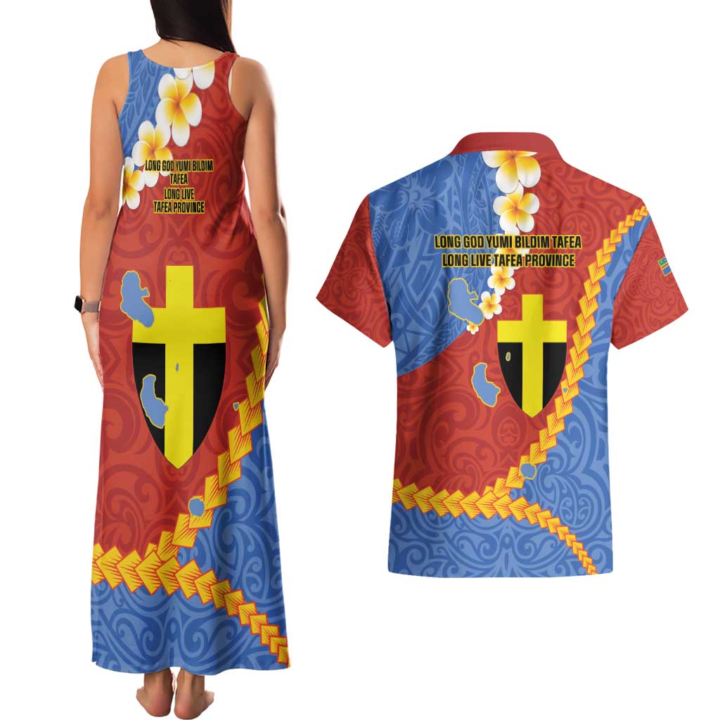 Tafea Province Couples Matching Tank Maxi Dress and Hawaiian Shirt Vanuatu Pattern Map - Plumeria Flag Color