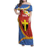 Tafea Province Family Matching Off Shoulder Maxi Dress and Hawaiian Shirt Vanuatu Pattern Map - Plumeria Flag Color LT14 Mom's Dress Red - Polynesian Pride