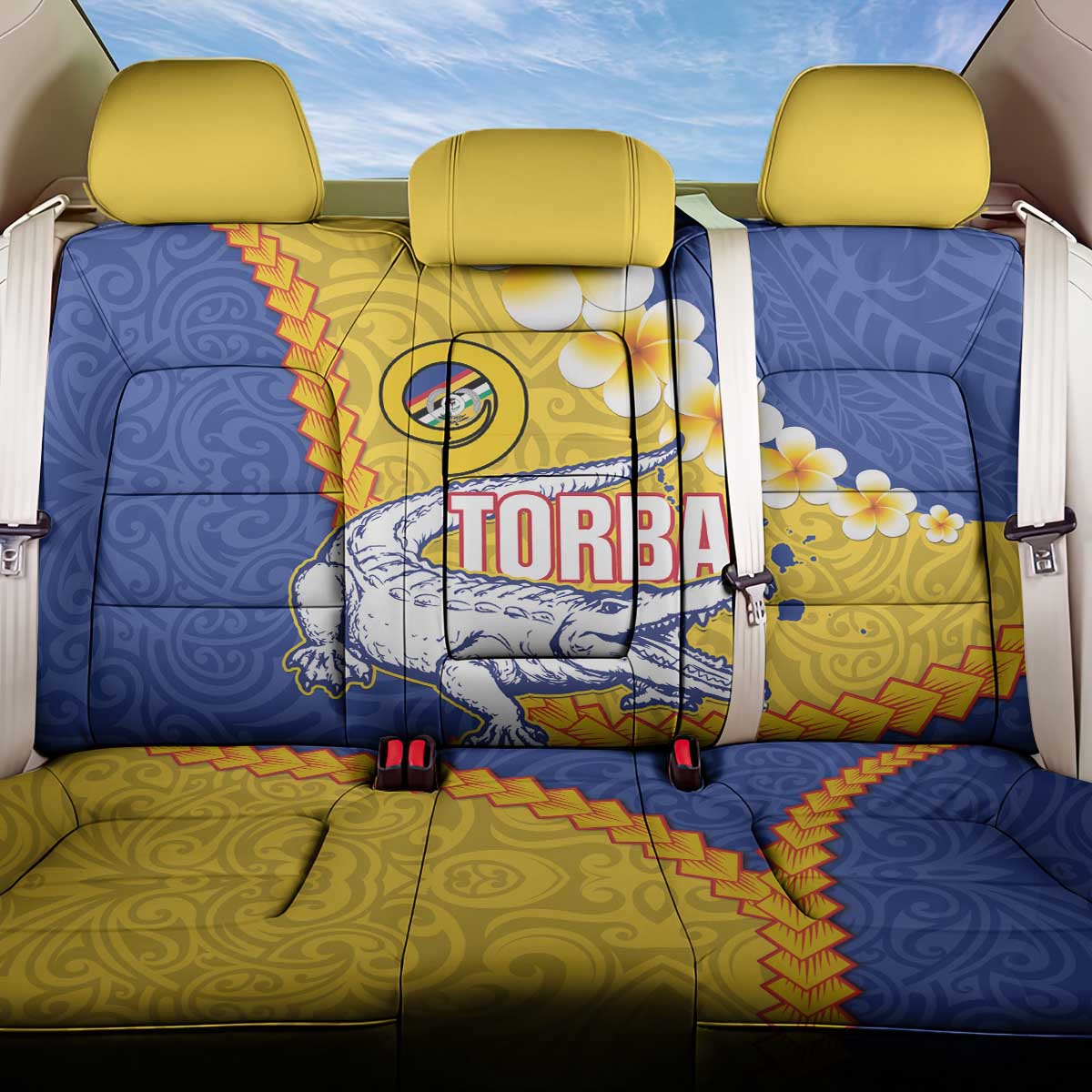 Torba Province Back Car Seat Cover Vanuatu Pattern Crocodile - Plumeria Flag Color